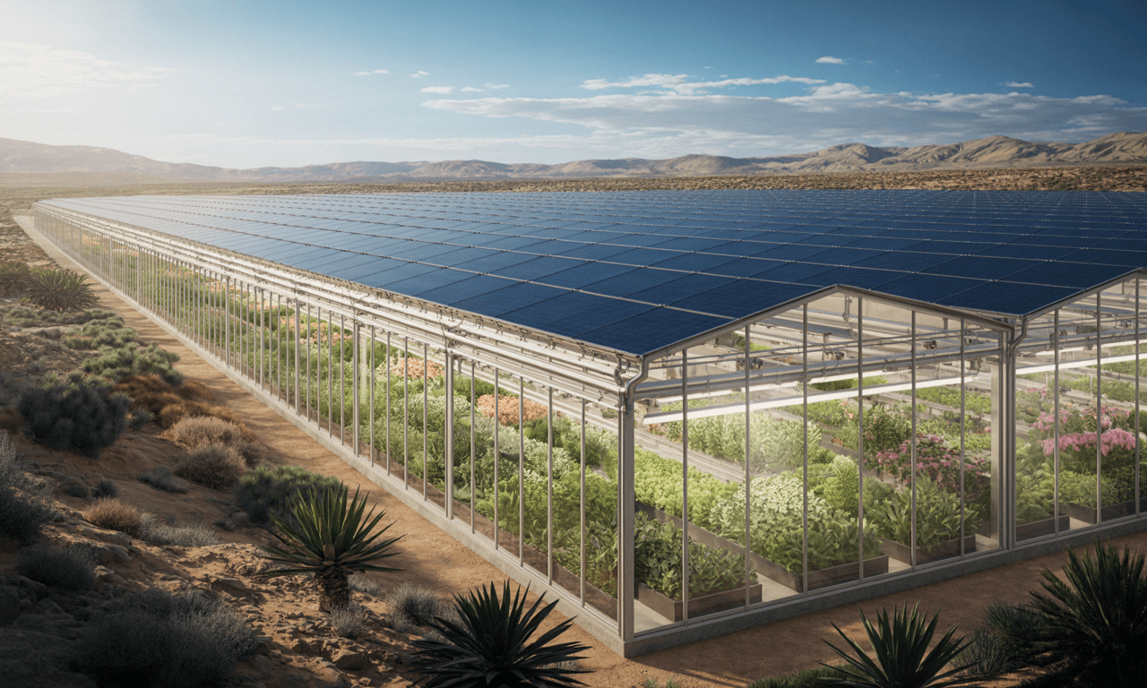 Agrivoltaic greenhouse with integrated solar arrays — elevated panels over active greenhouse crops